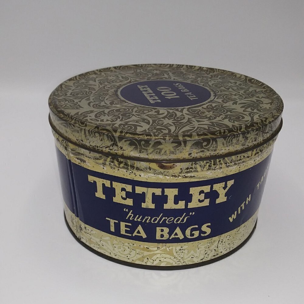 Vintage  Round 100 Bag Tetley Tea Tin Round Metal Silver Navy Blue